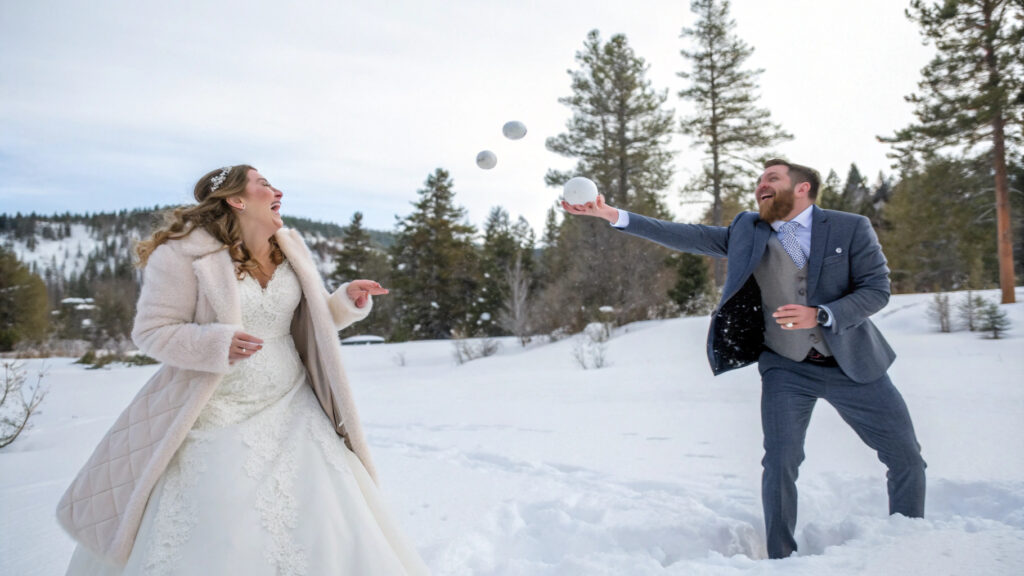 Winterhochzeit Schneeballschlacht in dresden