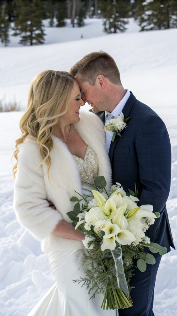 brautpaar im winter eng umschlungen mit calla brautstrauß