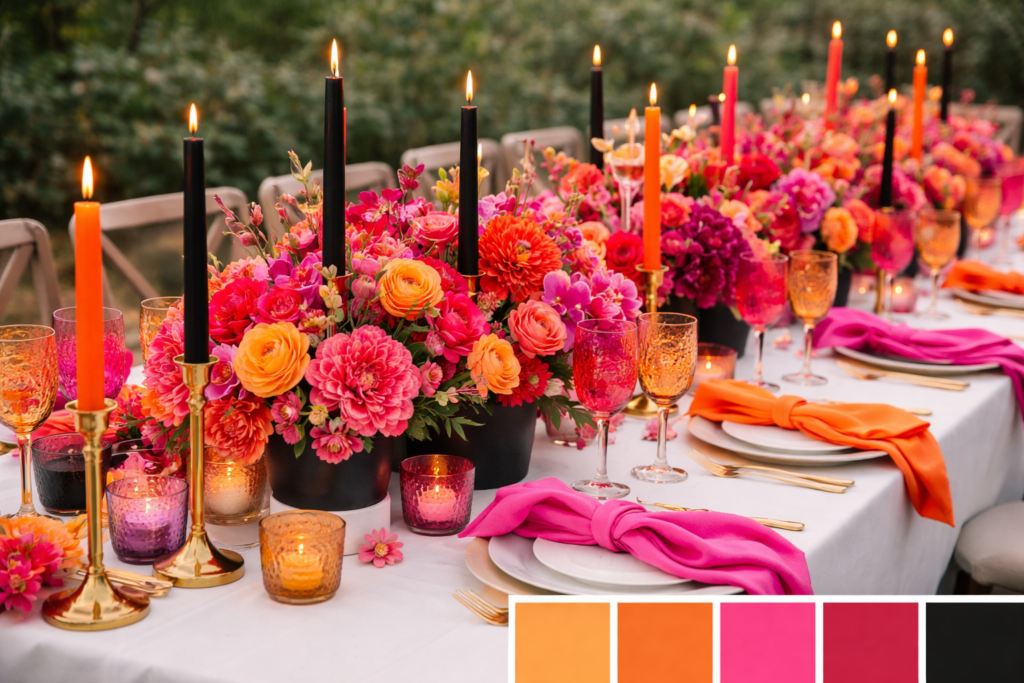 color blocking rosa orange zur hochzeit deko